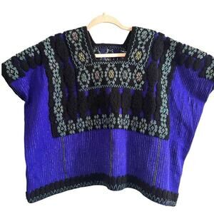 Gorgeous Embroidered Huipil Knit Top Sweater Texture Blue Pink